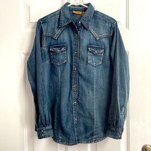 Wrangler Denim Shirt with Pearl Snap Buttons and Embroidered Design at Back